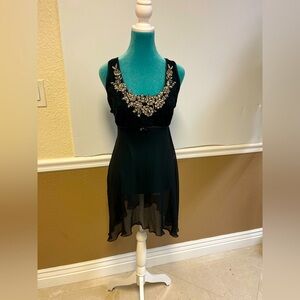 Jessica Vintage Black Velvet Sheer Babydoll‎ Slip Dress Iridescent Beaded Floral